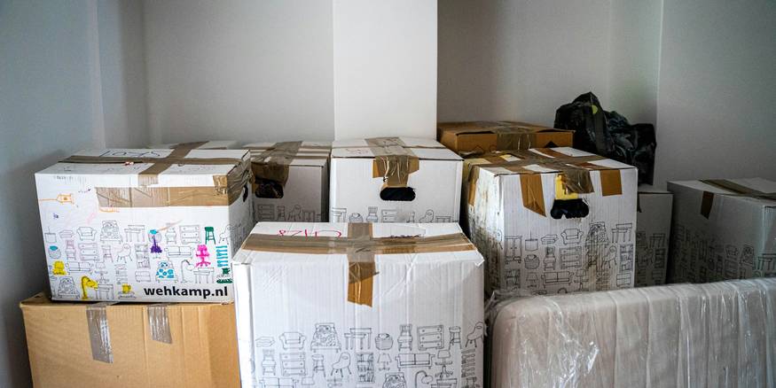 Tenant reviews renters-insurance policy while surrounded by moving boxes